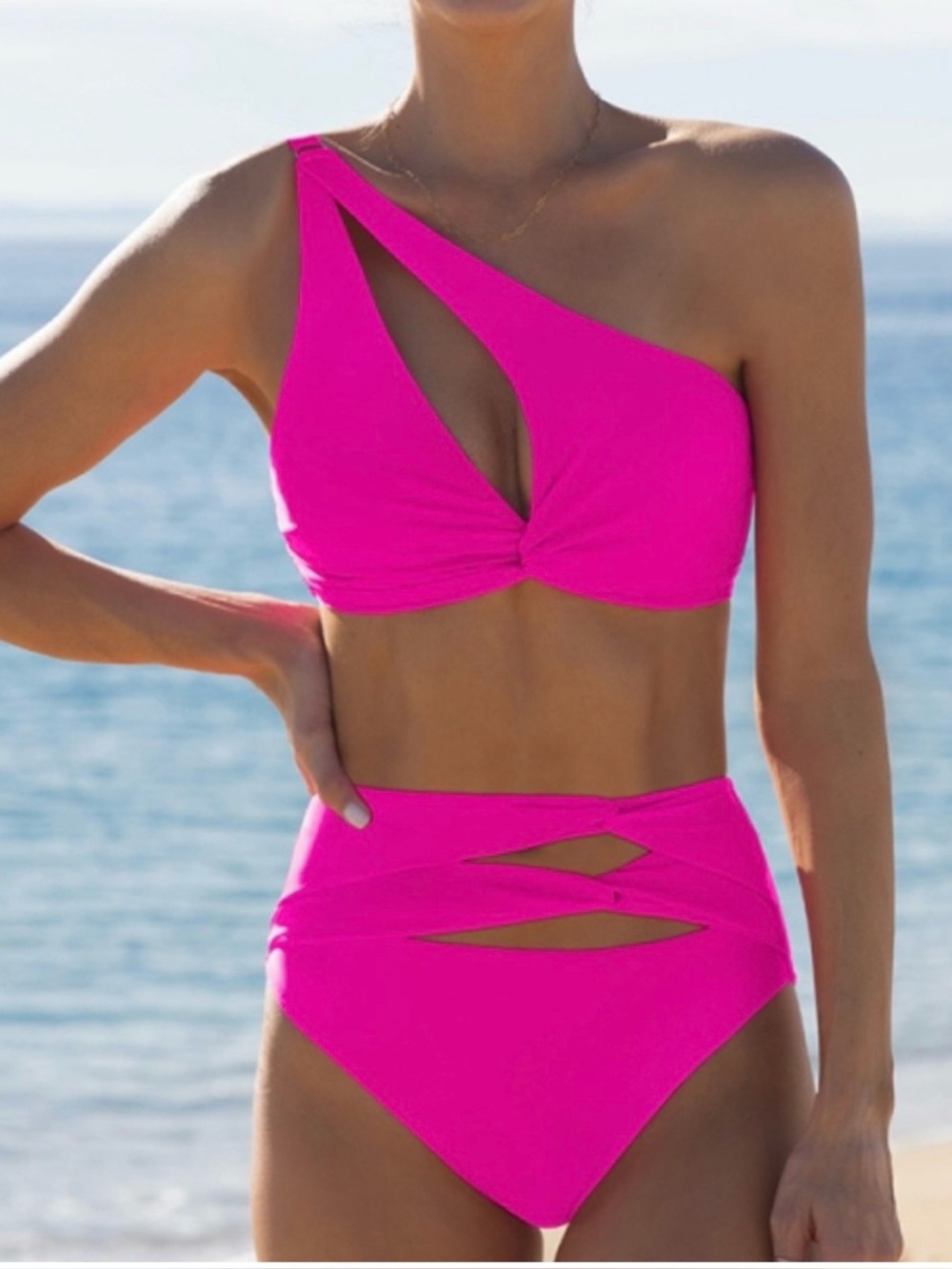 Popvil One-Shoulder Hot Pink Cutout Bikini Set - Women Swim, Women’s XL